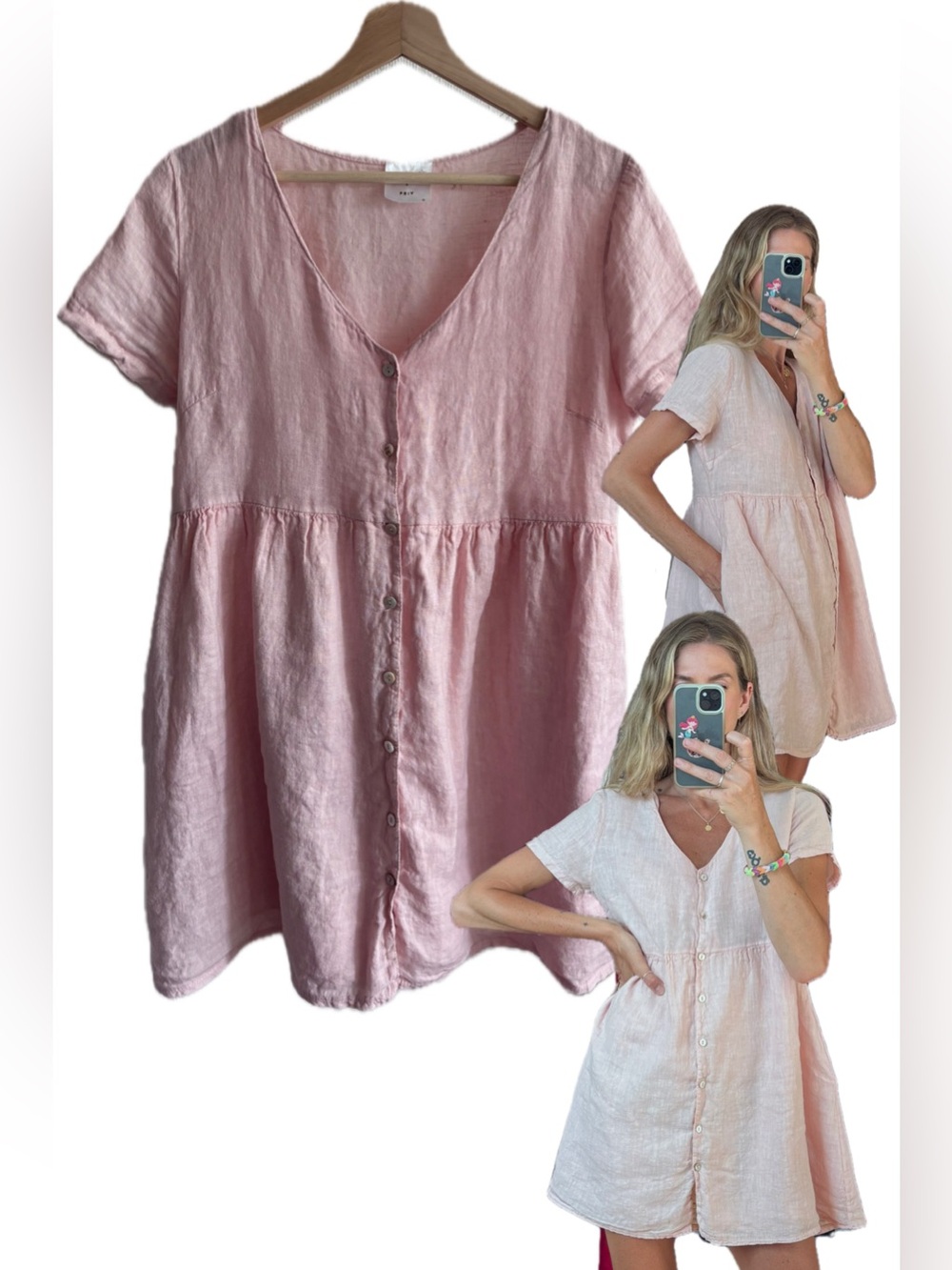 Jillian Harris x PRIV Pink Linen Button Oversized Mini Shirt Dress Pockets